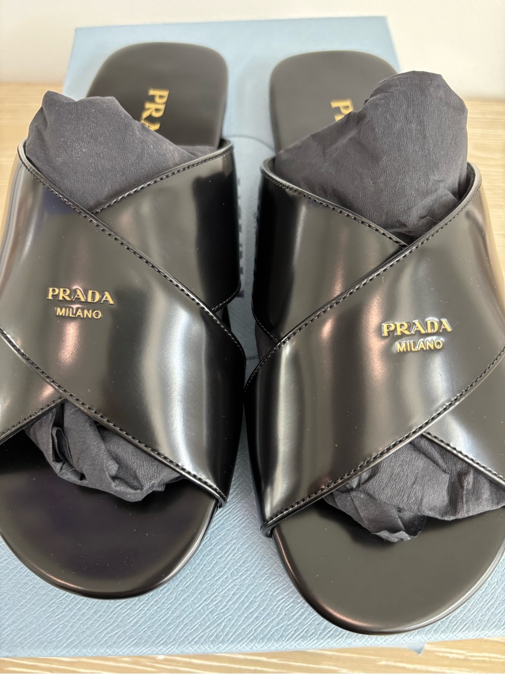Prada Black Crisscross Leather Slide Sandal